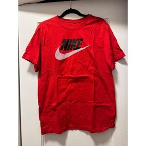 Nike Red Graphic T-Shirt Mens Large Black Logo Striped Swoosh Crewneck Tee